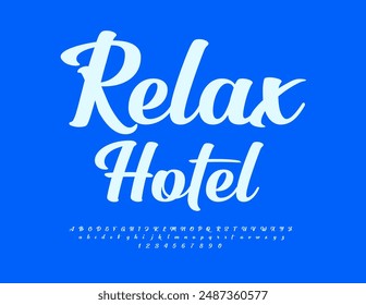 Vector travel logo Relax Hotel. Cute Cursive Font. Stylish Alphabet Letters and Numbers set.