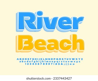 Vector travel logo River Beach. 3D Blue Font. Modern Alphabet Letters and Numbers set