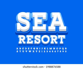 Vector travel logo Sea Resort. Blue and White Alphabet Letters and Numbers set. Modern bright Font