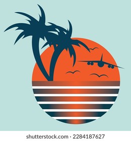 Vector travel logo with symbol of airplane, palm tree and seagulls