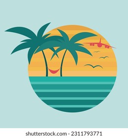 Vector travel logo with symbol of airplane, palm tree and seagulls	
