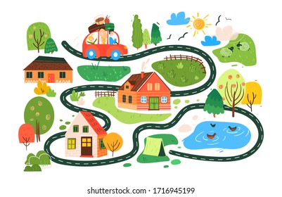 Vector travel map for children, traveling family on a picnic on the way through town with houses and lawns to camping tent near lake. illustrations in child drawing style with small houses, lambs