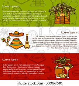 Vector travel mexican concept with hand drawn objects and background on Mexico theme: sombrero, poncho, tequila, coctails, taco, skull, guitar, pyramid, avocado, lemon, chilli pepper, cactus, injun