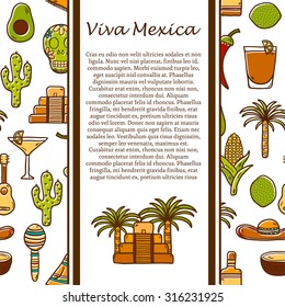 Vector travel mexican concept with hand drawn objects and background on Mexico or Latin America theme: sombrero, poncho, tequila, coctails, taco, skull, guitar, pyramid, avocado, lemon, chilli pepper