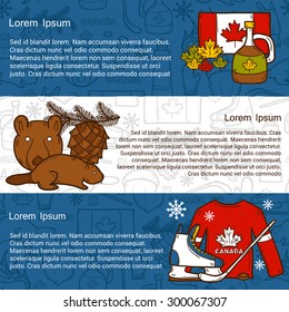 Vector travel north america concept with cartoon hand drawn objects on Canada theme: maple syrup, hockey stick, puck, bear, horn for your design