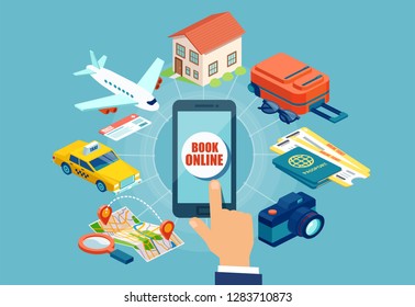 Vector travel and online booking concept with tourism icons depicting flight, tickets, taxi, baggage, hotel and tablet icons 