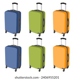 Vector travel plastic suitcase colored on wheels isolated on white background