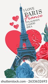 Vector travel postcard with Eiffel Tower in Paris France and words I love Paris. Valentine's day greeting card in vintage style with roses. French language school. AI is not used.