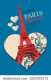 Cartão postal de viagem vetorial com Torre Eiffel em Paris França e palavras I love Paris. Cartão de dia dos namorados em estilo vintage com sinal de coração. Escola de francês. Banner do anúncio. Nenhuma IA usada.