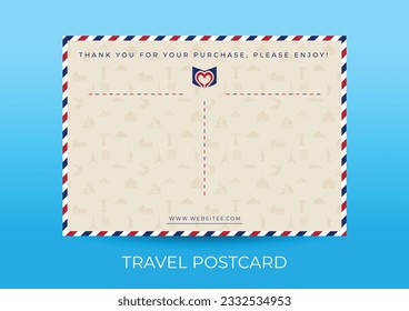 Vector Travel Postcard Template with Landmark Icon Pattern Background.