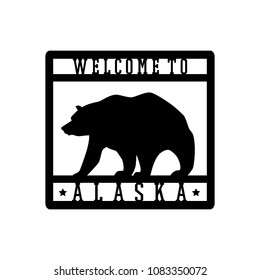 Vector travel poster of Alaska with hand drawn walking bear silhouette and heavy square frame. Beautiful animal design elements, ink drawing, retro signboard style