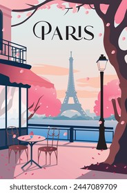 Vector travel poster. Beautiful evening view of the Eiffel Tower through cherry blossom branches. A view of the cafe and the panorama of Paris. France.