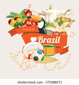 Vector travel poster of Brazil with colorful modern design, brazilian landscape and monuments. Rio de Janeiro advertising card with statue of Jesus. Carnival of Samba. Brazilian football symbols