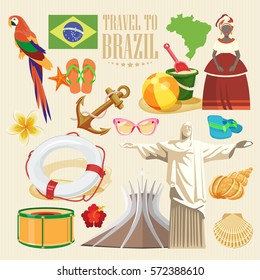 Vector travel poster of Brazil with colorful modern design, brazilian landscape and monuments. Rio de Janeiro advertising card with statue of Jesus. Carnival of Samba.