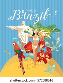 Vector travel poster of Brazil with colorful modern design, brazilian landscape and monuments. Rio de Janeiro advertising card with statue of Jesus. Carnival of Samba. 