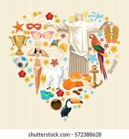 Vector travel poster of Brazil with colorful modern design, brazilian landscape and monuments. Rio de Janeiro advertising card with statue of Jesus. Carnival of Samba.