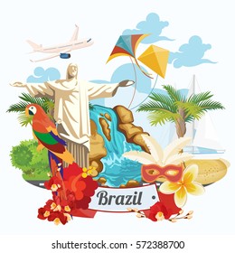 Vector travel poster of Brazil with colorful modern design, brazilian landscape and monuments. Rio de Janeiro advertising card with statue of Jesus. Carnival of Samba. 