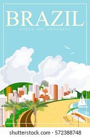 Vector travel poster of Brazil with colorful modern design, brazilian landscape and monuments. 