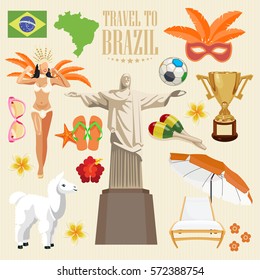 Vector travel poster of Brazil with colorful modern design, brazilian landscape and monuments. Rio de Janeiro advertising card with statue of Jesus. Carnival of Samba.