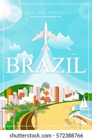 Vector travel poster of Brazil with colorful modern design, brazilian landscape and monuments. 