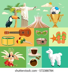 Vector travel poster of Brazil with colorful modern design, brazilian landscape and monuments. Rio de Janeiro advertising card with statue of Jesus. Carnival of Samba. Brazilian football symbols