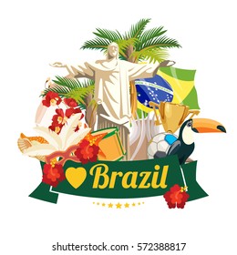 Vector travel poster of Brazil with colorful modern design, brazilian landscape and monuments. Rio de Janeiro advertising card with statue of Jesus. Carnival of Samba. Brazilian football symbols