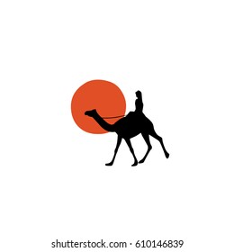 Vector travel poster with hand drawn camel driver and red sun. Hand drawn graphics, vintage prints style. Beautiful travel design elements.