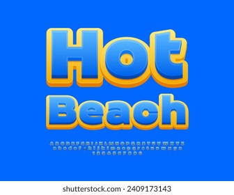 Afiche de viajes de vectores en Hot Beach. Tipo de letra curte azul y amarillo. Letras, números y símbolos de alfabetos creativos