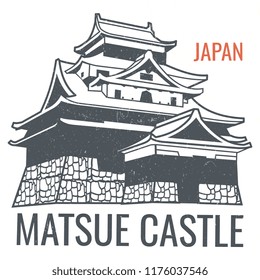 Vector travel poster with japanese sight castle silhouette. Illustration of silhouette castle japanese building