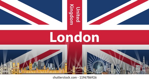 vector travel poster with London city skyline silhouette and United Kingdom flag on background