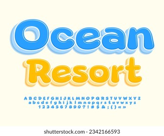 Cartel de viaje del vector Ocean Resort. Tipo de letra brillante. Juego de letras y números de alfabeto azul 3D