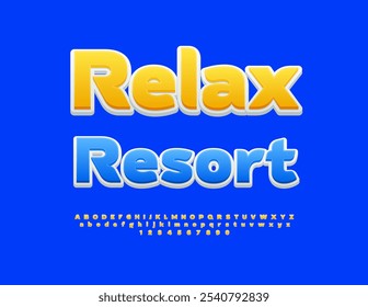 Vector travel poster Relax Resort. Sunny Yellow Font. Stylish Alphabet Letters and Numbers set.