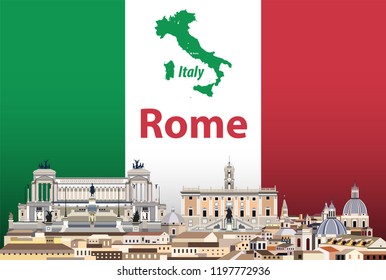 vector travel poster with Rome city skyline silhouette and italian flag and map on background