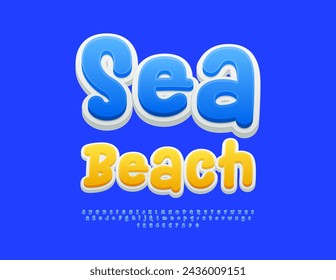 Vector travel Poster Sea Beach. Bright Blue Font. Funny 3D Alphabet Letters and Numbers.