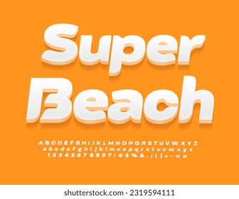 Vector travel poster Super Beach. Creative White Font. Modern 3D Alphabet Letters and Numbers set