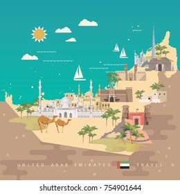 Vector travel poster of United Arab Emirates . UAE template with modern buildings and mosque in light style.