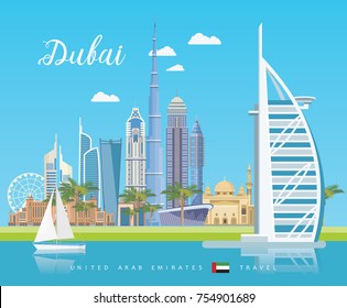 Vector travel poster of United Arab Emirates . UAE template with modern buildings and mosque in light style.