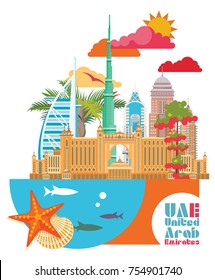 Vector travel poster of United Arab Emirates . UAE template with modern buildings and mosque in light style.