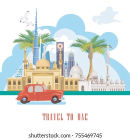 Vector travel poster of United Arab Emirates . UAE template with modern buildings and mosque in light style.