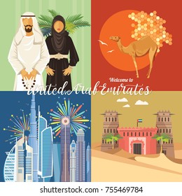 Vector travel poster of United Arab Emirates . UAE template with modern buildings and mosque in light style.