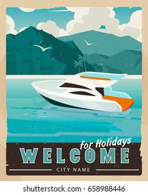 Vector Travel Poster In Vintage Style. Retro Voyage Illustration For Advertising. Beautiful Paradise Cove With Palm Trees, Ridge Mountains, Sea With Boat.Travel Poster Water Transport Rent, Template.