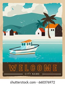 Vector Travel Poster in vintage style. Vacation card design. Retro voyage illustration for advertising. Beautiful paradise cove with palm trees, ridge mountains, sea with boat. Water transport rent

