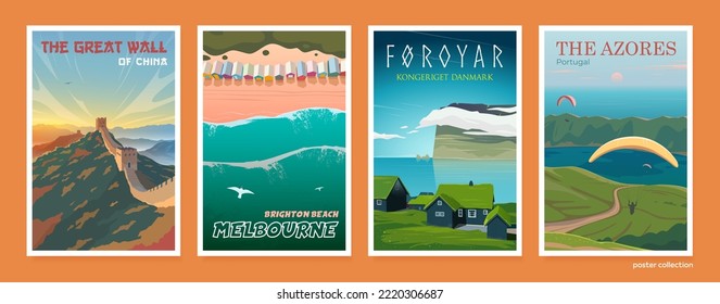 Vector travel posters set. Melbourne, Brighton beach. Top view. The great wall of China. Sunset. Mountains. The Azores. Paragliders in the sky. Faroe Islands. Ocean view. 