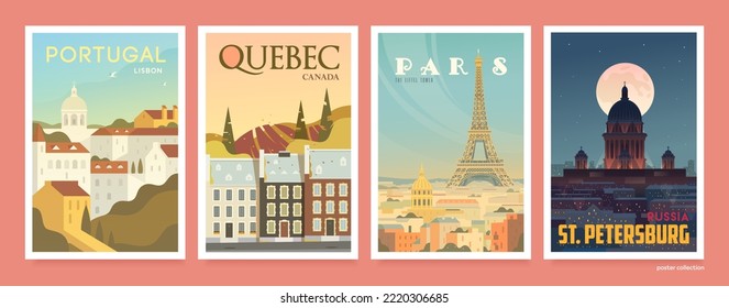 Vector travel posters set. Paris. The Eiffel tower. Portugal. Lisboa, street with historical buildings. Russia. St. Petersburg. Canada, Quebec. 