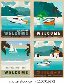 Vector Travel Posters Vintage Style. Retro Voyage Illustrations For Advertising. Beautiful Paradise Cover With Palm Trees, Ridge Mountains, Sea With Boat.Travel Poster Water Transport Rent, Template