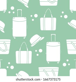 Vector travel seamless pattern Illustration with suitcase, sun hat, beach bag. Summer time, vacation, holiday, leisure background. Concept for travel agency. Design wrapping, fabric, print