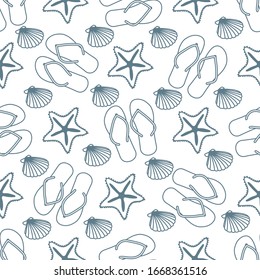 Vector de viaje sin fisuras Ilustración con flip flops, starfish, shell. Horario de verano, vacaciones, vacaciones, experiencia de ocio. Concepto de agencia de viajes. Envoltura de diseño, tela, impresión