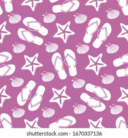 Vector travel seamless pattern Illustration with flip flops, starfish, shell. Summer time, vacation, holiday, leisure background. Concept for travel agency. Design wrapping, fabric, print