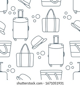 Vector travel seamless pattern Illustration with suitcase, sun hat, beach bag. Summer time, vacation, holiday, leisure background. Concept for travel agency. Design wrapping, fabric, print