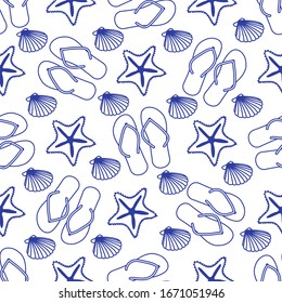 Vector travel seamless pattern Illustration with flip flops, starfish, shell. Summer time, vacation, holiday, leisure background. Concept for travel agency. Design wrapping, fabric, print